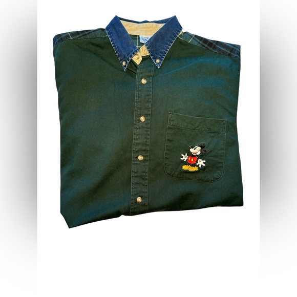 Vintage Disney Store Mickey Mouse Button Up Collar Shirt Green Blue Plaid - Picture 4 of 6